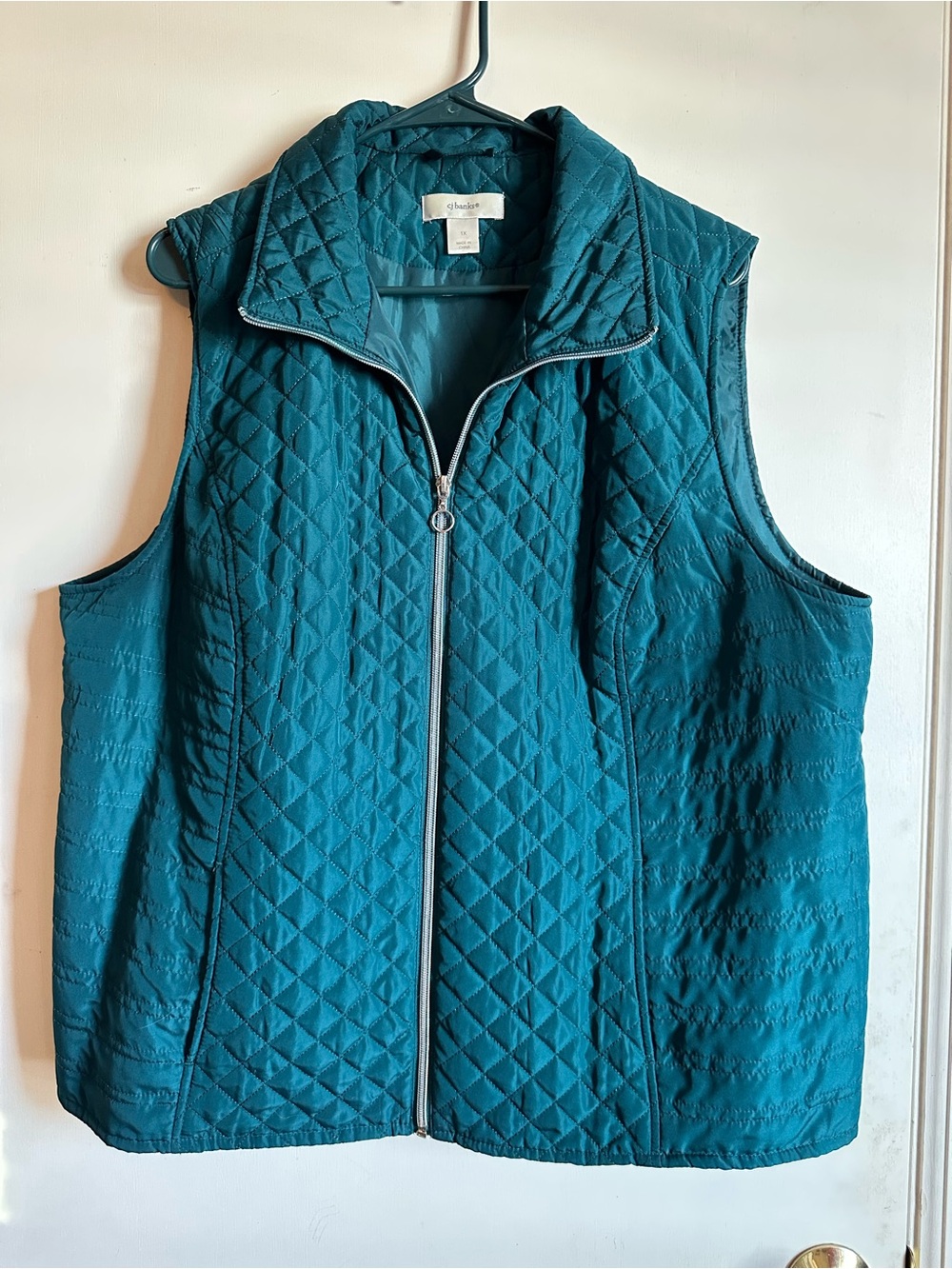 CJ Banks Teal Quilted Zip-Front Vest with Stand Collar